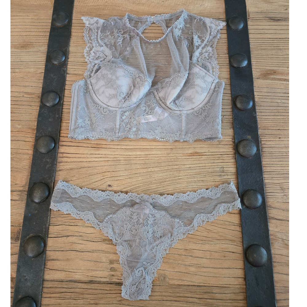 Victoria's Secret Dream Angels High-Neck Lace Longline Bra Bustier Thong 32D/S